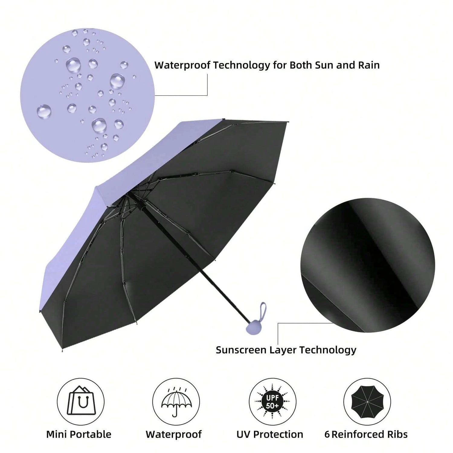 Anti-Uv Mini Umbrella For Sunny And Rainy Days, Portable With Uv Coating And 6 Reinforced Ribs