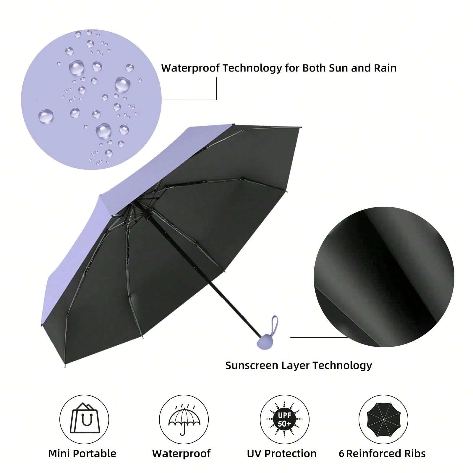Anti-Uv Mini Umbrella For Sunny And Rainy Days, Portable With Uv Coating And 6 Reinforced Ribs